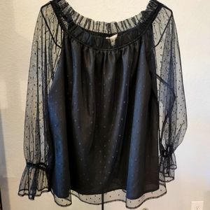 Stitchfix Belle + Sky size XL Sheer Black Long Sleeve Blouse Ruffle Neck Wrist